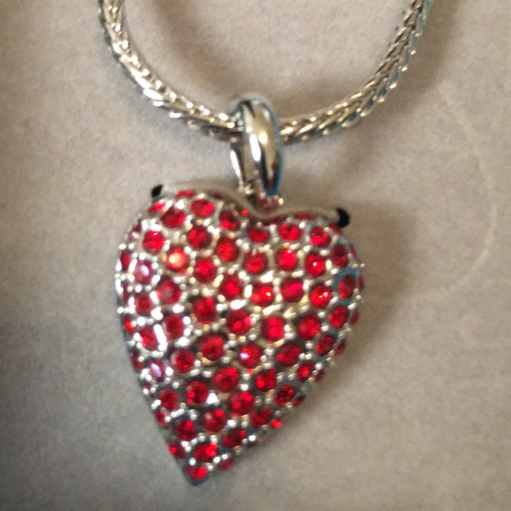 Red, Blue And White Crystal Love, Joy And Peace Necklaces $30 Each